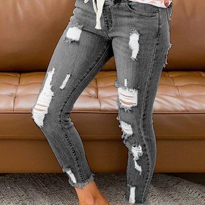 Black Drawstring Distressed Pants